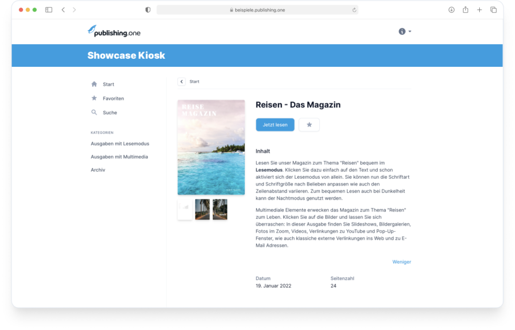 Der Showcase Kiosk zeigt ein ePaper Beispiel, erstellt mit der publishing.one Software für Web-Kiosk