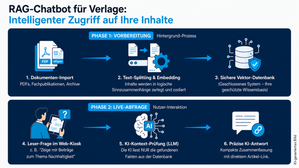 Infografik mit 6 Schritten zum RAG-Chatbot für Verlage