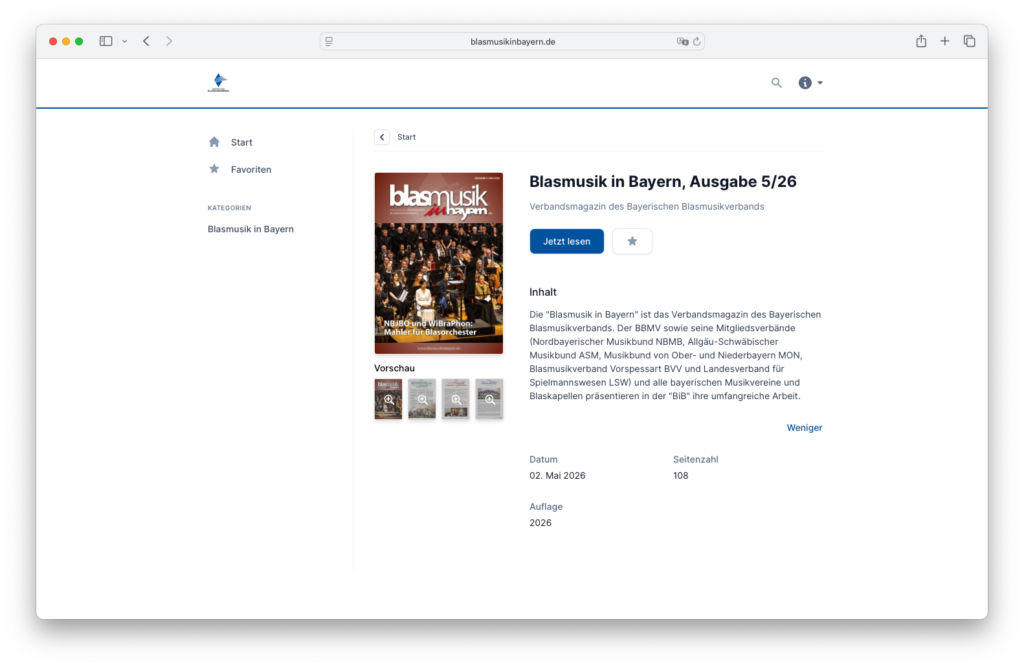 Screenshot aus dem E-Paper Kiosk von Blasmusik in Bayern mit geöffneter ePaper-Ausgabe
